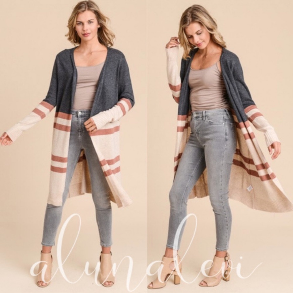 Cozy charcoal Color block cashmere blend long cardigan
